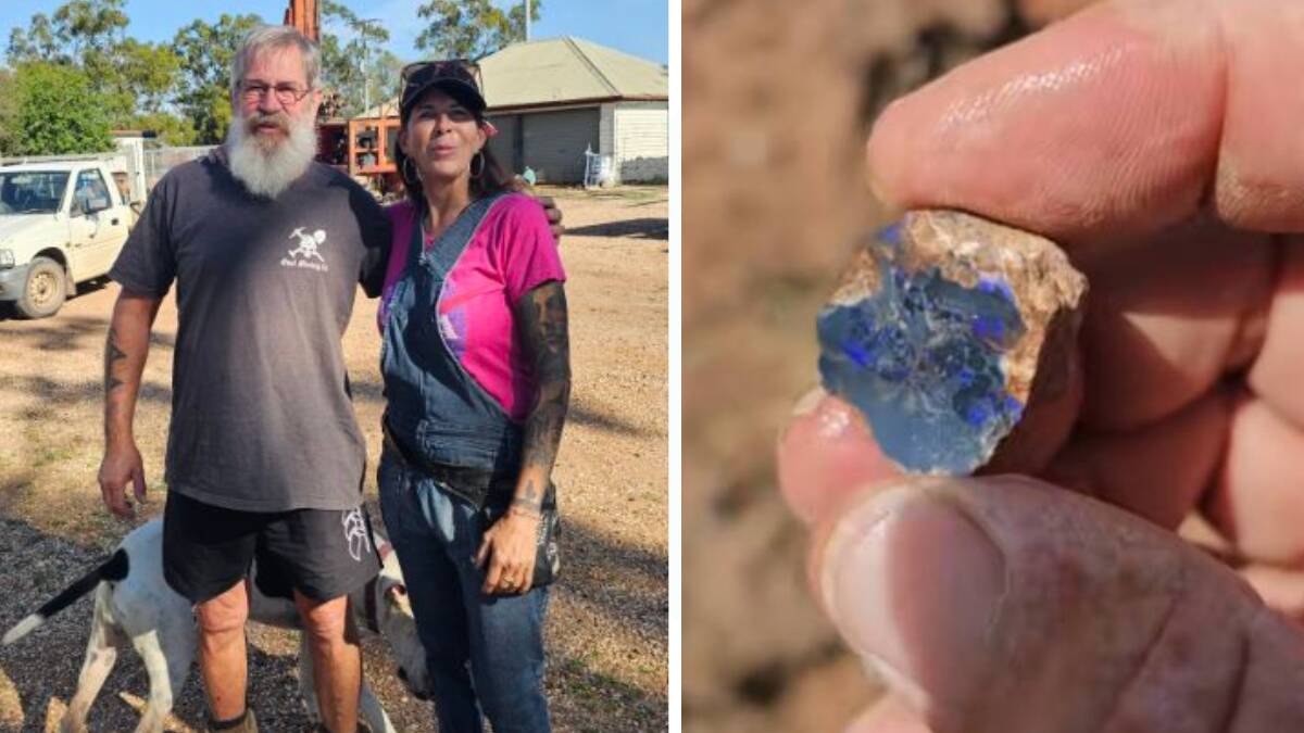 Peter Glogauer (left), history enthusiast, with Kelly Tishler of Ouback Opal Hunters, and (pictured right) an opal shard claimed to have been found in a historically-significant dump site in Lightning Ridge. Pictures supplied