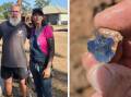 Peter Glogauer (left), history enthusiast, with Kelly Tishler of Ouback Opal Hunters, and (pictured right) an opal shard claimed to have been found in a historically-significant dump site in Lightning Ridge. Pictures supplied