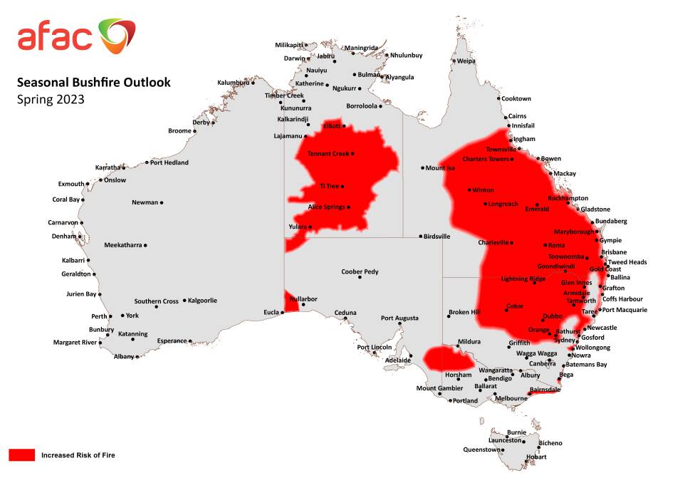 A map of Australia showing in red the areas with an increased risk of fire this season, from the Australian Fire Authorities Council (AFAC) seasonal outlook. Picture from AFAC report