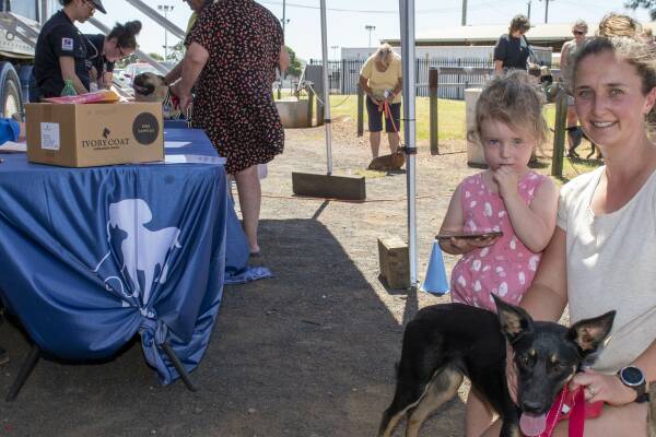 Kerriann Swinton and daughter Zoey Swinton with Nelly, their kelpie who was chipped and vaccinated at the Animal Welfare League's vet truck in 2023. Picture by Belinda Soole