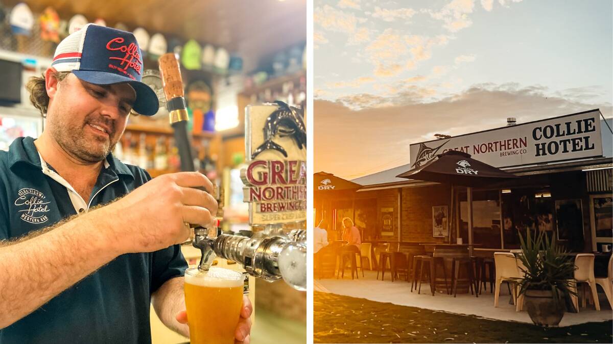 Collie Hotel co-owner Tom Hancock pulls a beer and (pictured right) the Collie Hotel at sunset. Pictures by Kirsty Fisher Photography