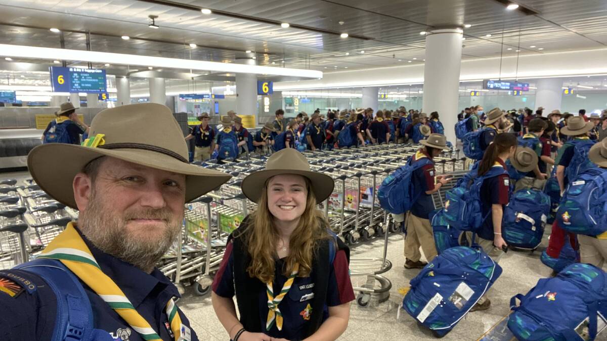 Scout leader Gavin Arnold and his daughter and scout Jessica Arnold at Sydney Airport before flying to South Korea for the World Scout Jamboree 2023. Picture supplied