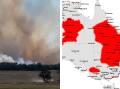 Smoke on the horizon over a serious fire at Cranbrook in March 2023 (left), and a map of Australia showing in red the areas with an increased risk of fire this season. Picture by Belinda Soole (left) and AFAC