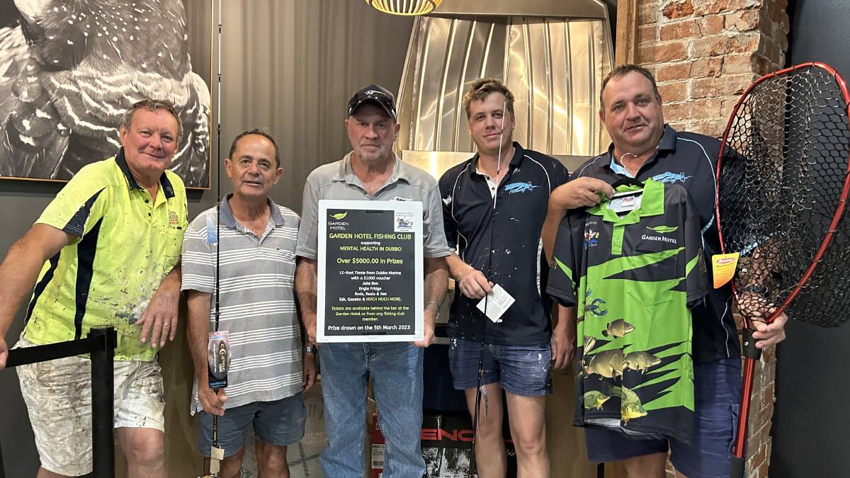 The Garden Hotel Fishing Club members Ross Harris, Freddy May, club president Alan Herbert, Jacob Parker and Rob Powyer, before the major raffle to support men's mental health. Picture supplied