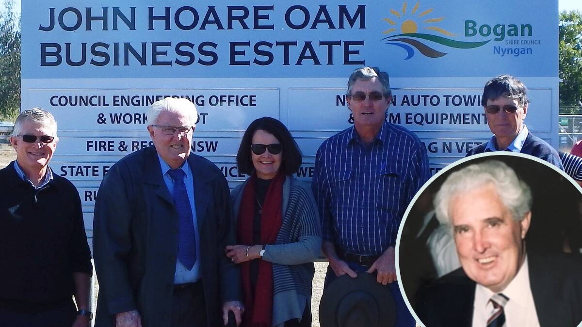 (L-R main picture) Michael Hoare, John Hoare, Leone Dewhurst, Richard Hoare and Rod Dewhurst at the launch of the John Hoare OAM Business Estate in Nyngan, and (inset) John Hoare. Picture from file and supplied