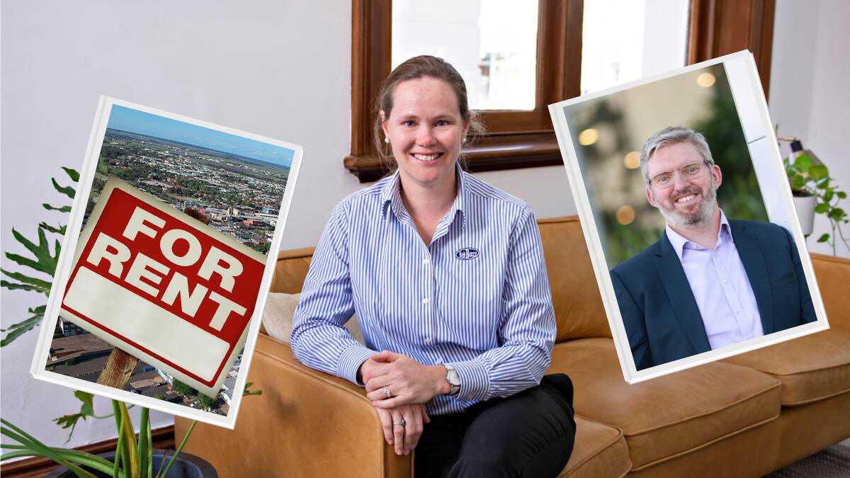 Fiona Gibbs, property manager at Bob Berry Real Estate (main) with (inset left) a For Rent sign and (inset right) Cameron Kusher, director economic research, PropTrack. Pictures supplied and (inset left) from file