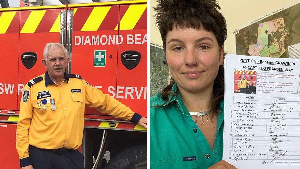 Diamond Beach Fire Brigade Captain Leo Fransen who died fighting the Hudson fire (left), and petition creator Victoria Lugovoy who is the acting reserve manager for Lightning Ridge Area Opal Reserve. Pictures supplied
