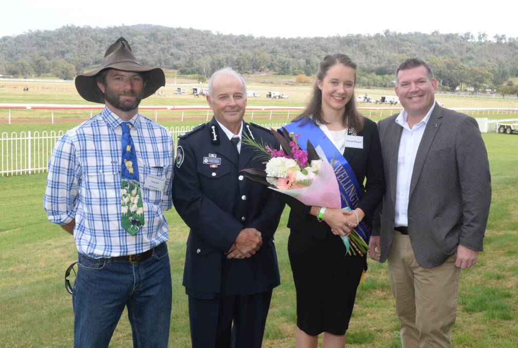 Show time: Wellington Show president Rob Dymmick; official guest Lyndon Wieland, Orana District Manager, NSW Rural Fire Service; 2021 Wellington Show Young Woman Amelia Bryant; and Dubbo MP Dugald Saunders, at the 2021 show. Photo: FILE