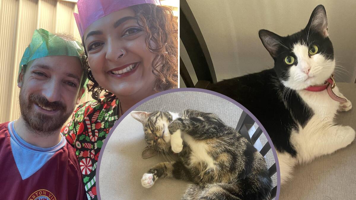 Priya Goyal-Huthnance (right, left hand picture) and her husband, with their cats Orion (centre) and Paca. Picture supplied