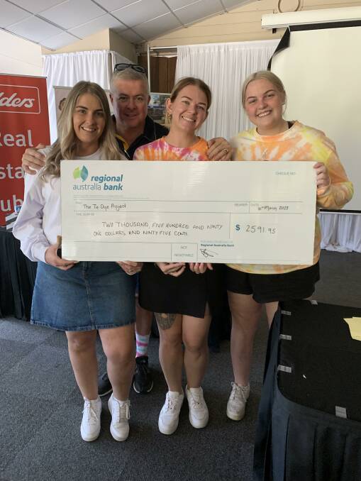 Dubbo Chamber of Commerce executive officer Brittany Sultana, Chamber junior vice president Clint Grose, Chamber president Errin Williamson, and Molly Croft of the Tie Dye Project, at the Chamber golf day on Friday, March 31 at Dubbo Golf Club. Picture supplied