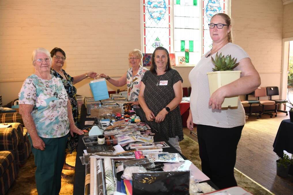 Leona Lodding, Karen Lindsay, Averial Cox, Liz Adams and Kim Montgomery at the Narromine Community Women's Shed markets. Picture by Amy McIntyre