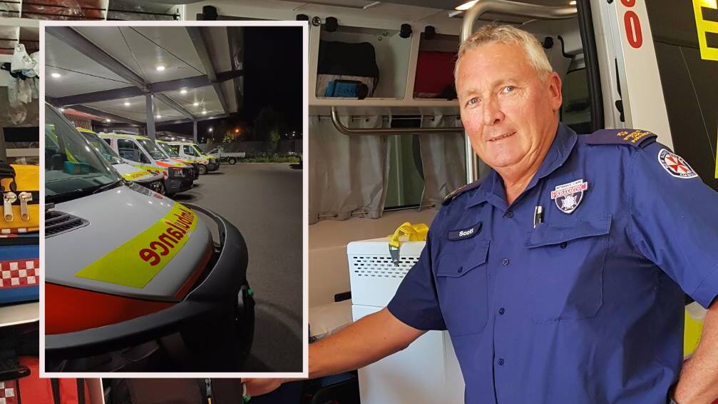 Australian Paramedics Association Vice President, Scott Beaton, with (inset) ambulances waiting in line at Dubbo Hospital. Picture from file and (inset) APA NSW/Twitter
