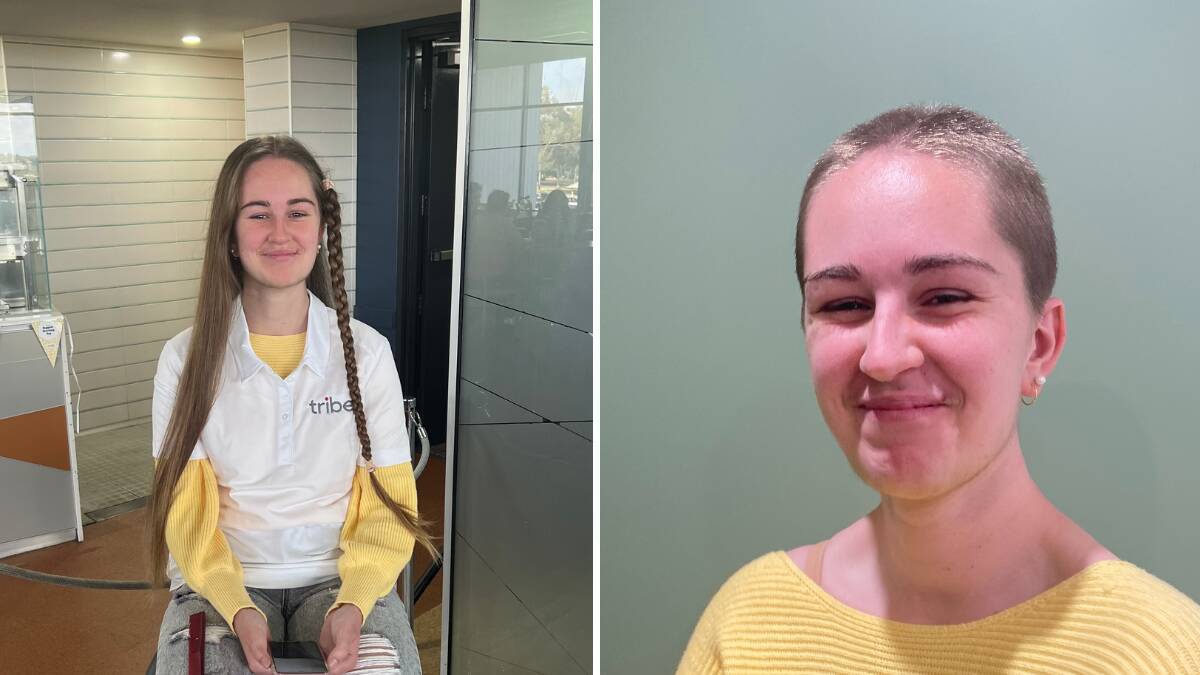 Georgia Farr before and after her big shave for the Leukaemia Foundation in 2023. Pictures supplied
