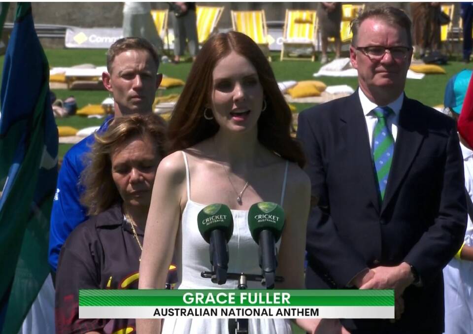Grace Fuller sings the Australian National Anthem at the Australia versus West Indies, women's T20Is cricket match, on Sunday, October 1. Picture is a screenshot from the replay on 7plus
