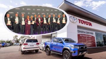 Dubbo City Toyota and (inset from left to right) Ken Birchell, Justin Sultana, Paul Cairncross, Shannon Starr, Vicki Wolstenholme, Sam Campbell, Ben Thompson, Tristram Quinn, David Hayes, Mark Walker, Simon Morris and Nick Lumley accept their awards at the Toyota dealership awards. Picture supplied