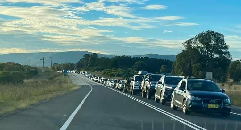 BANKED UP: Traffic was queuing as far as the eye could see along the Great Western Highway on Monday, with eastbound motorists facing delays of up to an hour. Photo: JO KAY