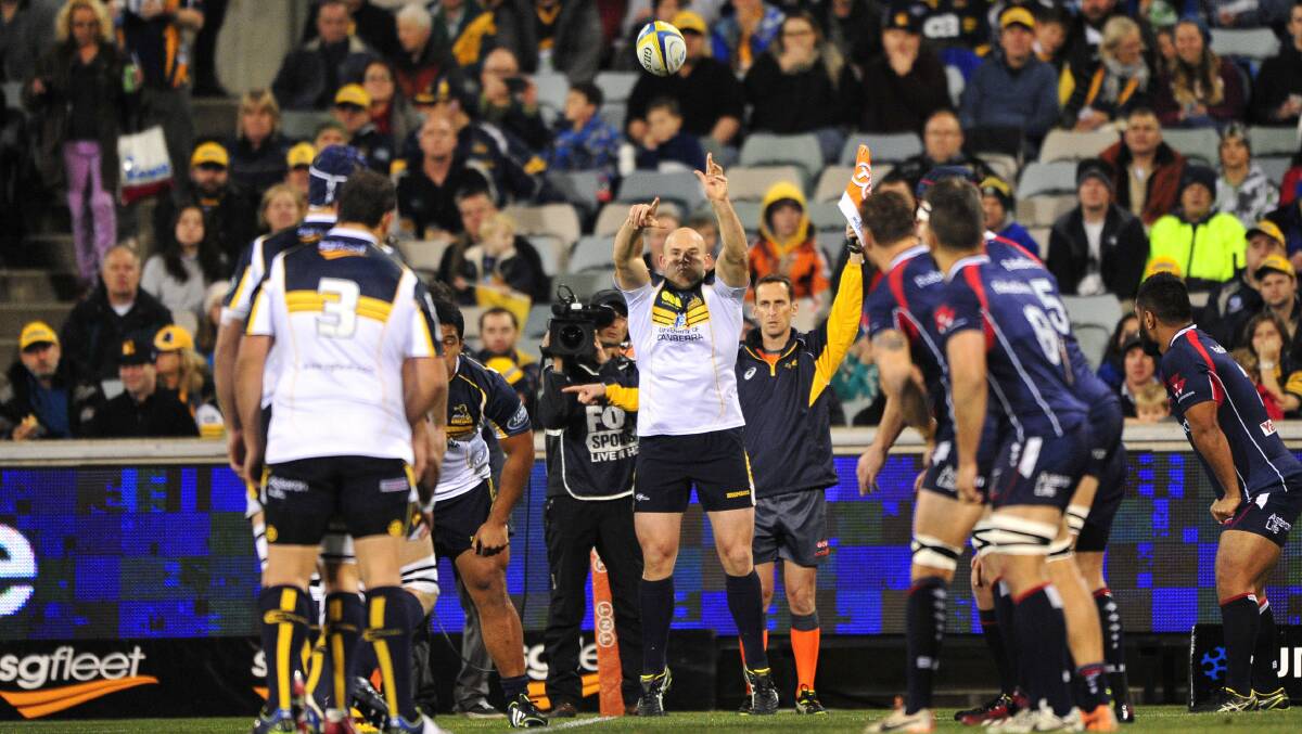 A LEGEND: Stephen Moore throws a lineout in one of the 117 games he played for the ACT Brumbies. Photo: JEFFREY CHAN