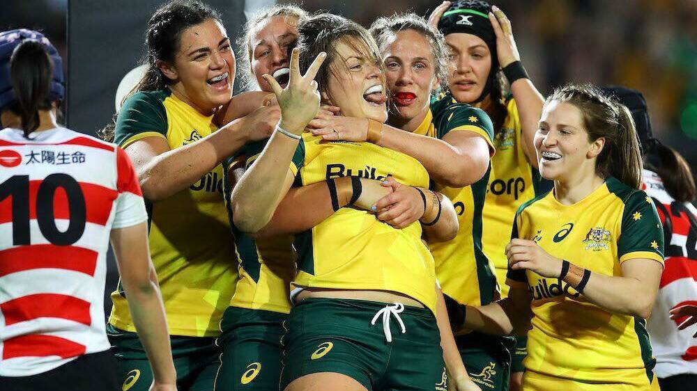 HAT-TRICK HERO: Panuara-born Wallaroos skipper Grace Hamilton celebrates her third try in Australia's seven-try demolition of Japan on Friday night. Photo: RUGBY AU