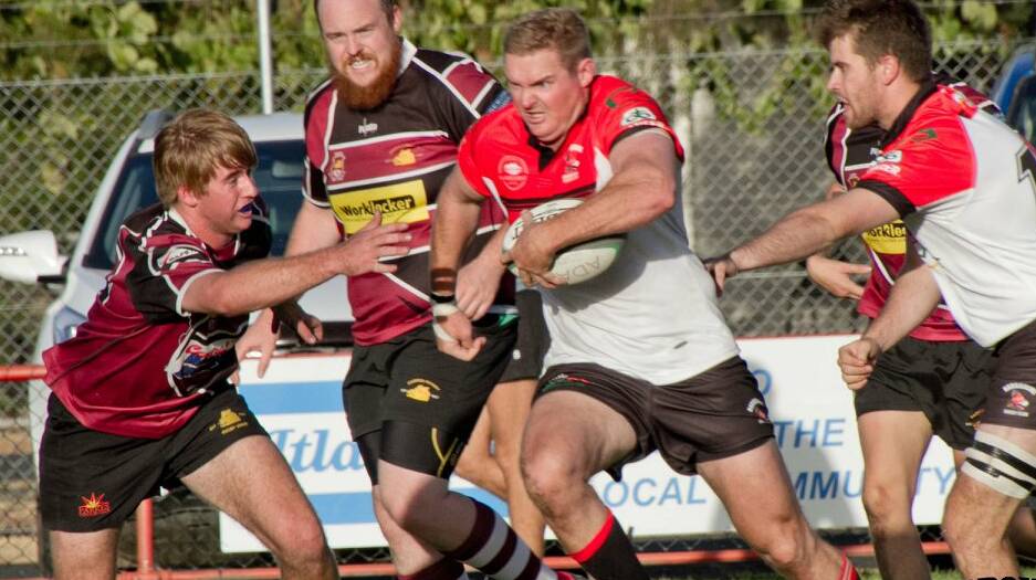 BARNSTORMING: Narromine stalwart Craig Campbell charges into Parkes' defence last week. His side travels to Blayney on Saturday. His Photo: CASEY TRESEDER