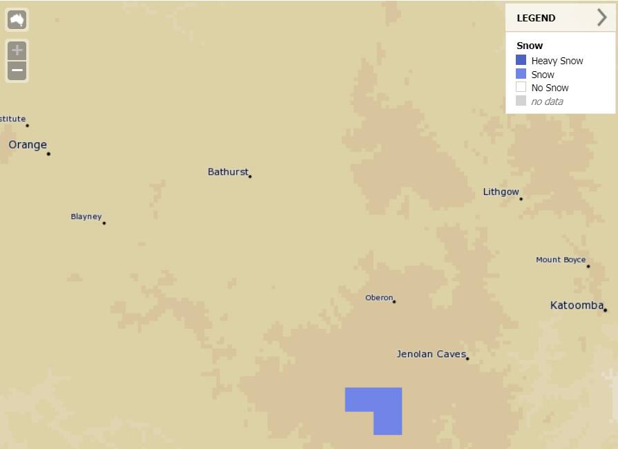 SNOW COMING: The blue area shows the expected snowfall on Wednesday. Source: BUREAU OF METEOROLOGY