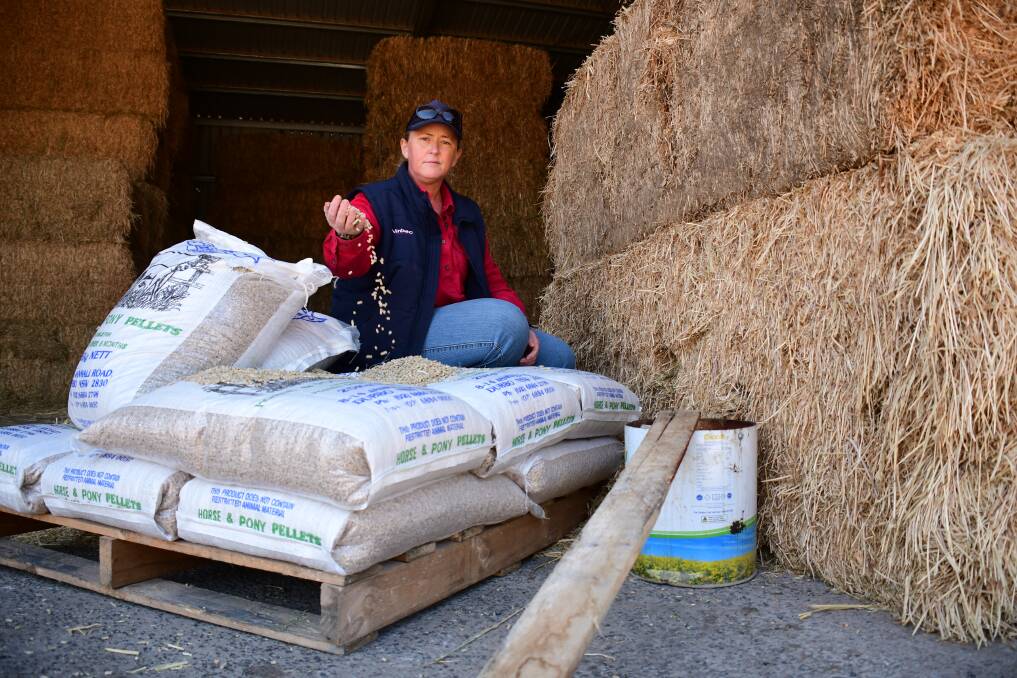 On guard: Dubbo Pet and Stockfeeds office manager Alison Carey with the hay and pellets loved by mice, and one of the business's mouse traps. Photo: BELINDA SOOLE
