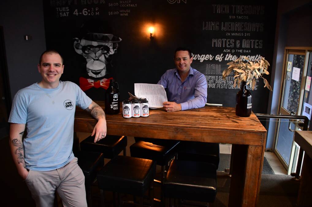 Fast change: Monkey Bar owner Tim Smith and Dubbo Chamber of Commerce president Matt Wright at the venue that has shifted its focus to comply with new restrictions in response to the COVID-19 outbreak. Photo: BELINDA SOOLE
