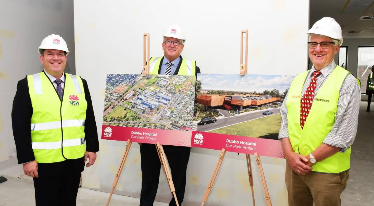 NSW Health Minister Brad Hazzard inspects Dubbo Hospital's Macquarie Building and with Dubbo MP Dugald Saunders unveils $30 million car park project. 