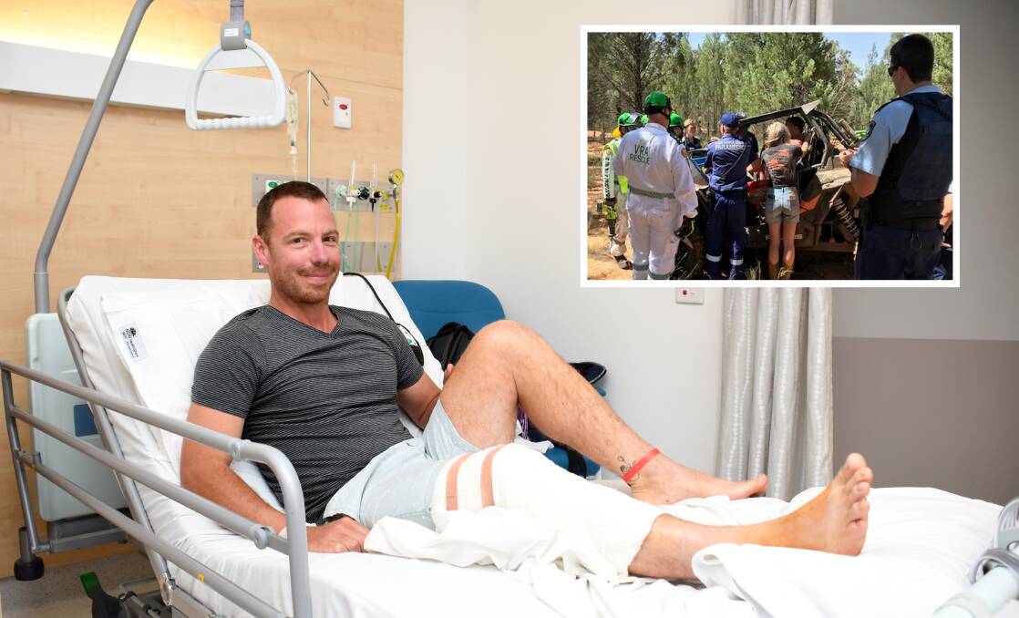 LUCKY ESCAPE: Behn Monley at Dubbo Hospital before his release on Monday. Photo: BELINDA SOOLE. Inset: The scene of the accident. 