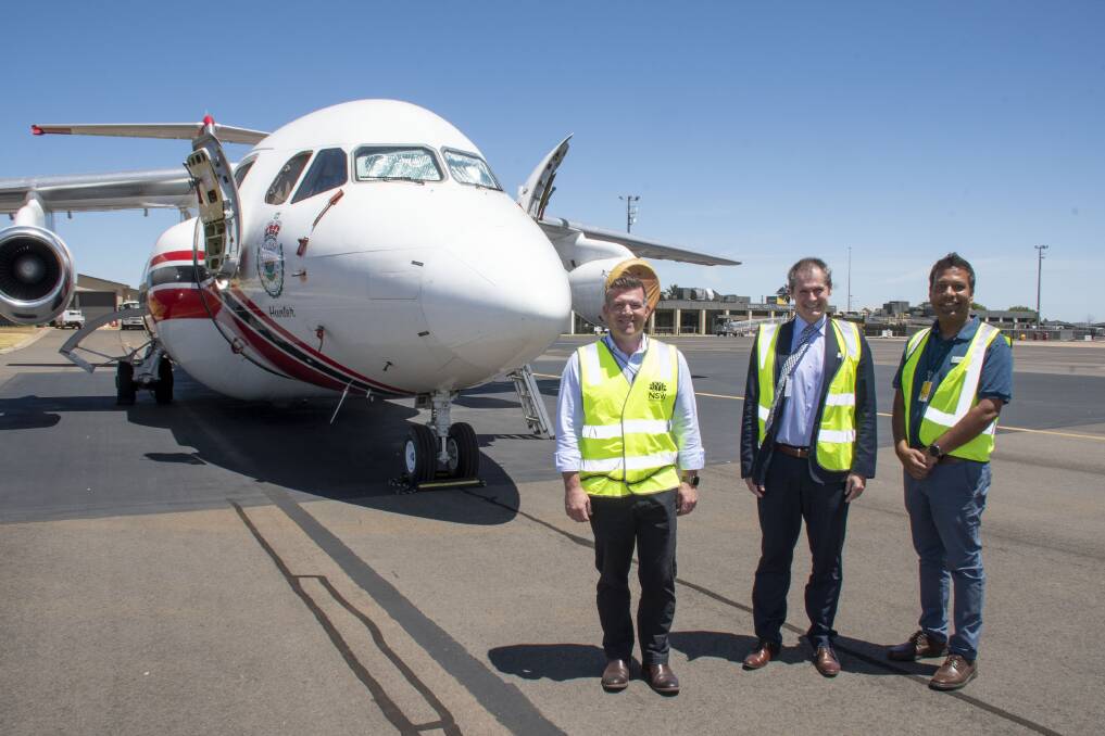 Dubbo MP and minister for western NSW Dugald Saunders and Dubbo mayor Mathew Dickerson announce Dubbo Airport expansion plans to cater for larger aerial tanker planes from anywhere in the state and territories and overseas. Picture and video by Belinda Soole
