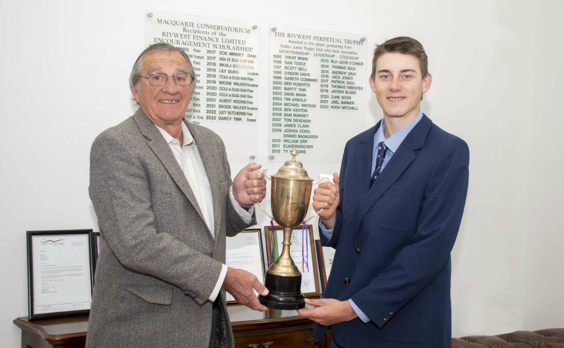 Rivwest's Bob Elliot with 2022 player of the year Hugh Mitchell (right) from the Dubbo Junior Rugby Club. Picture by Belinda Soole
