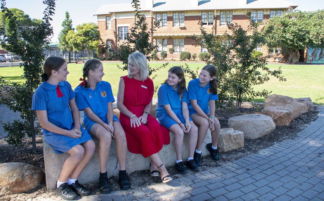 Journey: Principal Debbie Pritchard (centre) with students Tahlia Smith, Charlotte Cox, Ruby-Rose Gillett and Lara Mudford. Picture: BELINDA SOOLE
