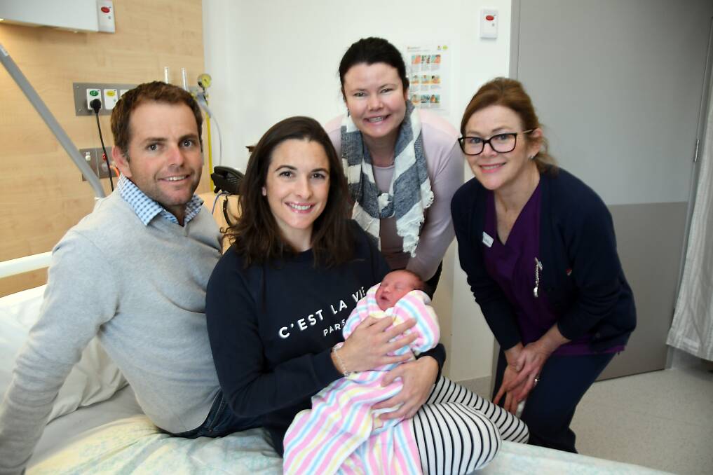Fed and happy: Baby Ned Sheppard with Dad Matt and Mum Melanie from Coonamble, just 15 hrs old with Operations Manager Maternity Ward Margo Mackenzie and Midwife Susan Cahill.