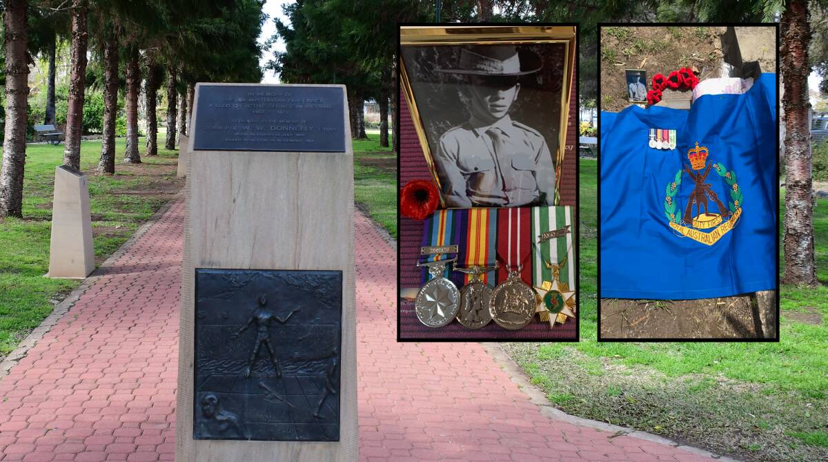 Tribute: The Victoria Park memorial to Private William Wayne Donnelly (pictured inset left) and his grave in Rookwood Cemetery (inset right). Main photo: BELINDA SOOLE