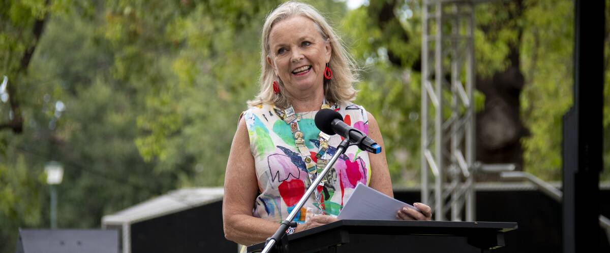Giving back: Lyndey Milan OAM and Australia Day ambassador to Dubbo gives her speech at the event held at Victoria Park. Picture: BELINDA SOOLE