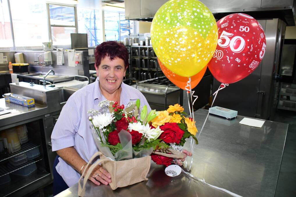 FIFTY YEARS: Sandra Sense was surprised by staff members with a fiftieth year celebration. Photo: BELINDA SOOLE. 