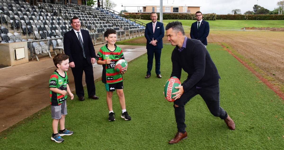 GAME ON: MP Dugald Saunders, Mayor Ben Shields, Rabbitohs CEO Blake Solly and ex NRL player Joe Williams with Lawson and Spencer Marchant. Photo: BELINDA SOOLE