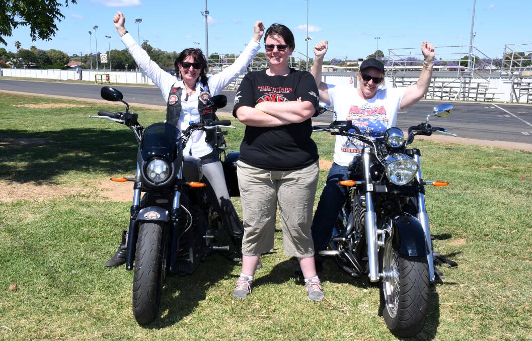FEMALE RIDES UNITE: Terri Barclay, 2WheelBabes Mega Babe Raid organiser Debb Geerts and Carol McKee will be among the thousands taking part in the record attempts this weekend. Photo: BELINDA SOOLE