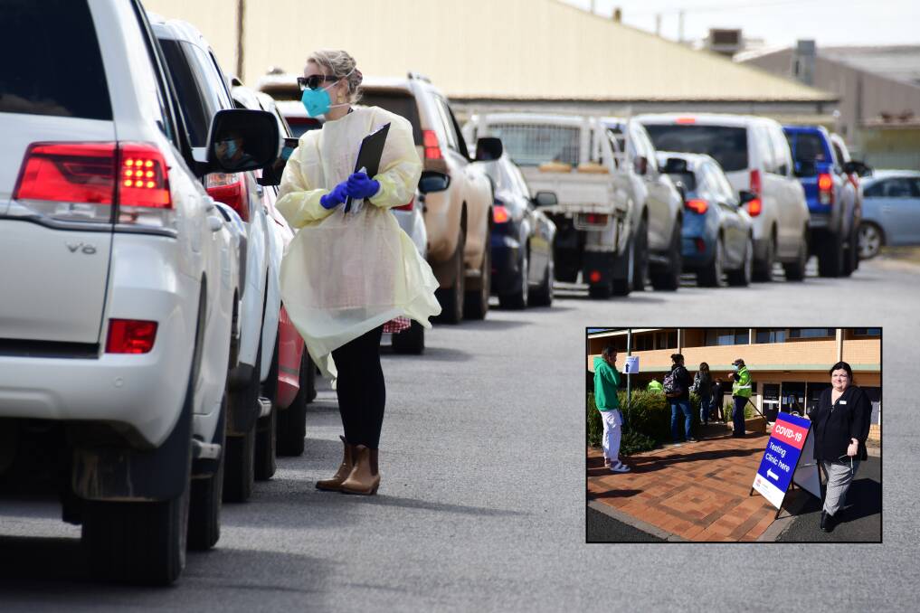 TESTING CALL: The Dubbo Showground drive-through testing clinic yesterday. Inset: Samantha Quarmby at the new walk-in clinic in Myall Street. Photos: BELINDA SOOLE