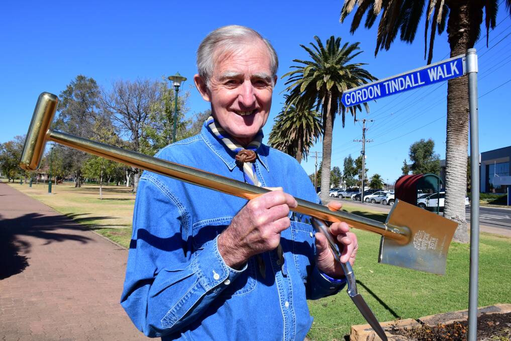 WALK DOWN MEMORY LANE: Gardener of the Year John Le Messurier carried his golden shovel through Victoria Park to pay tribute to his mentor, Gordon Tindall. Photo: BELINDA SOOLE