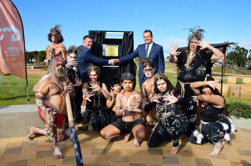 SPIRITUAL INFRASTRUCTURE: Dubbo MP Dugald Saunders and mayor Stephen Lawrence, with the traditional dancers, opening the facility. Photo: BELINDA SOOLE