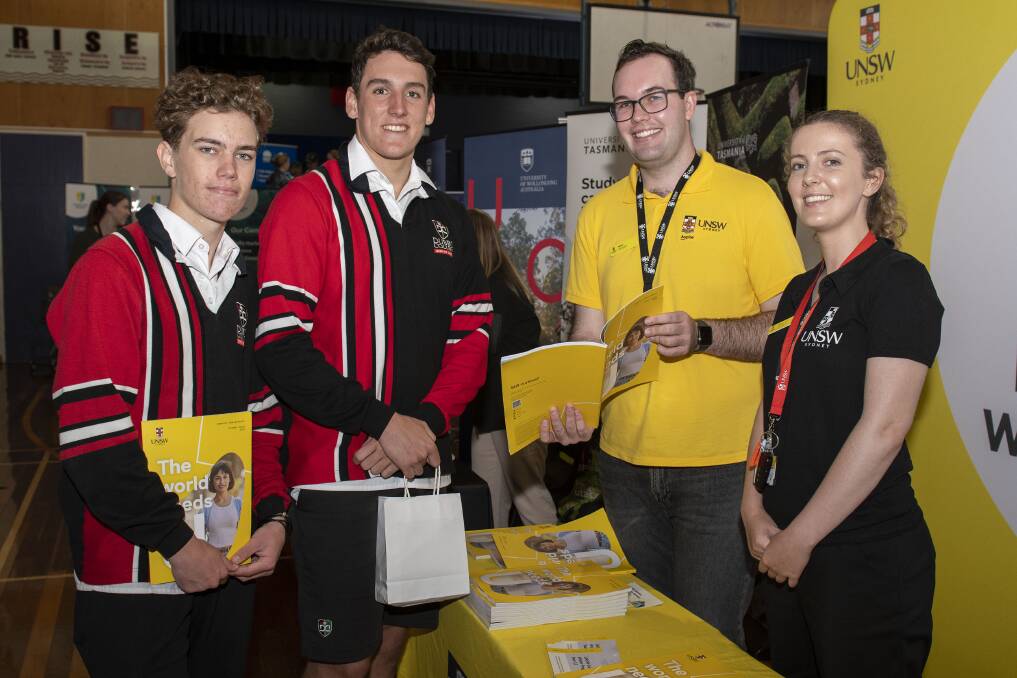 BRIGHT FUTURES: Students Patrick Nelson and Hamish Wood with Harry Tiernan and Anna Ryan Student Ambassadors from UNSW. Picture: BELINDA SOOLE