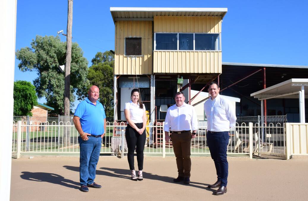LOOKING UP: Dubbo Greyhound Club's Shayne Stiff (left) and Courtney Norbury, with Dubbo MP Dugald Saunders and GRNSW chief executive Tony Mestrov. Photo: BELINDA SOOLE