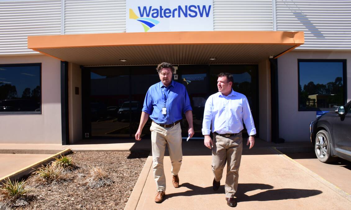 ANNOUNCEMENT: Dubbo MP Dugald Saunders (right), accompanied by WaterNSW media manager Tony Webber, welcomes the awarding of the Burrendong Dam pumping project contract. Photo: BELINDA SOOLE