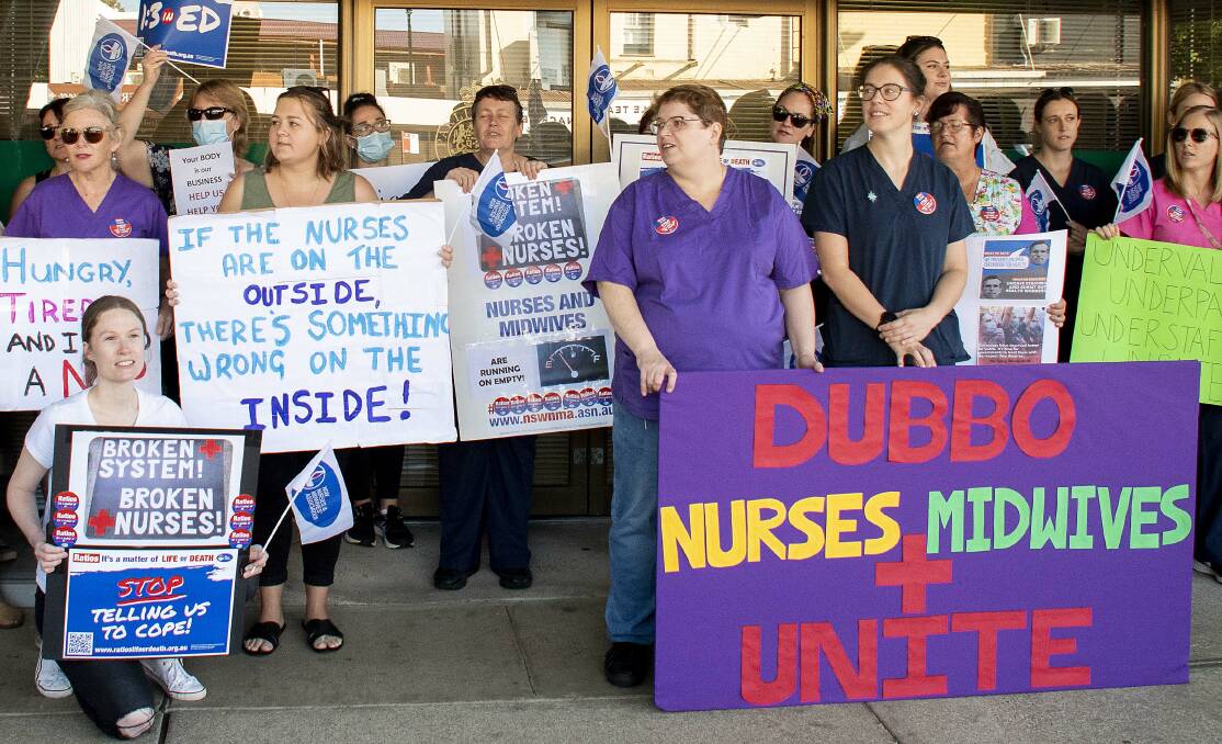 Staff at Dubbo's hospital and health services took to the streets in protest of staffing shortage and more pay. 