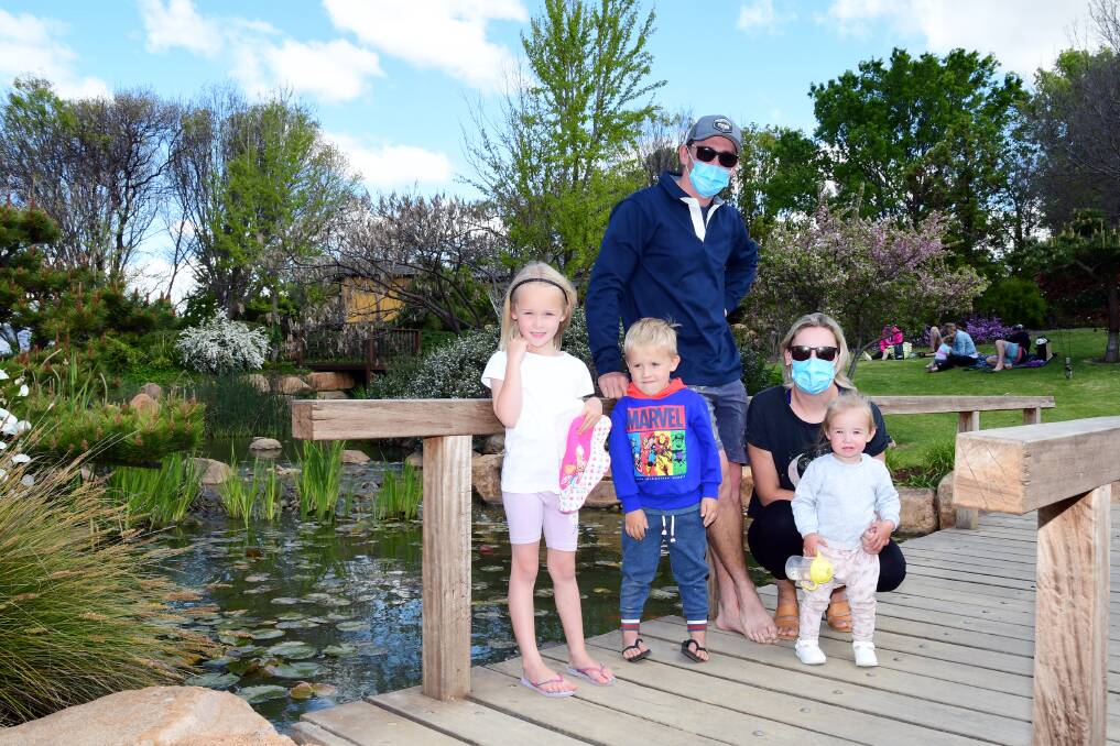 SUNDAY PICNICS: (From left) Sophia, Edward, Jacob, Katie and Iyla Bird enjoying the Shoyoen Japanese Gardens in Dubbo. Photo: BELINDA SOOLE