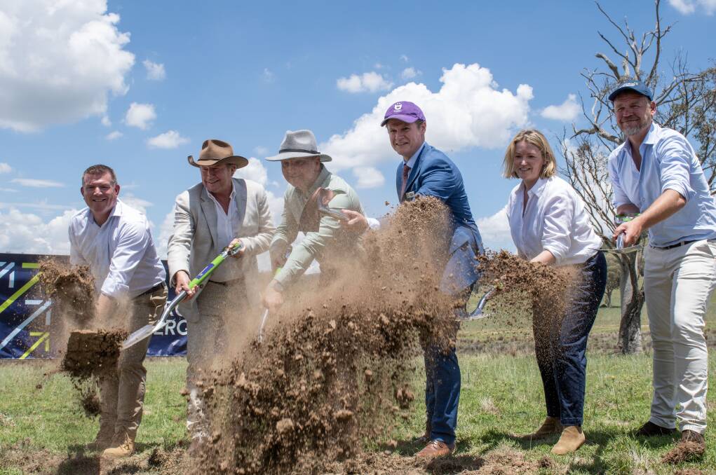 Dugald Saunders, Andrew Forrest, Chris Bowen, Mathew Dickerson, Vernova GE Jackie Brown and Squadron CEO Jason Willoughby break ground on the Uungala Wind Farm. Picture by Belinda Soole