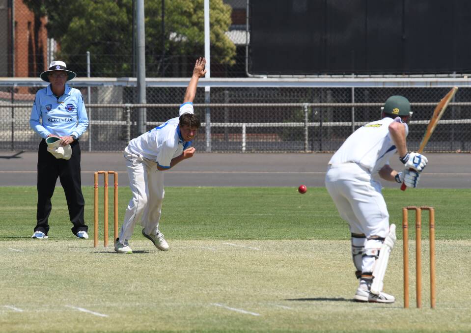 Line and Length: Dubbo's Bailey Edmonds bowling to Peter Yelland of Parkes. Photo: BELINDA SOOLE. 