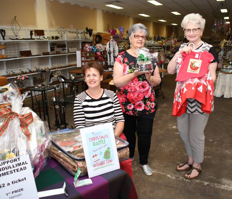 FESTIVE: Lyn Campbell, Judy White and Margaret Chaseling with the wonderful creations at the Macquarie Street shop. Photo: BELINDA SOOLE