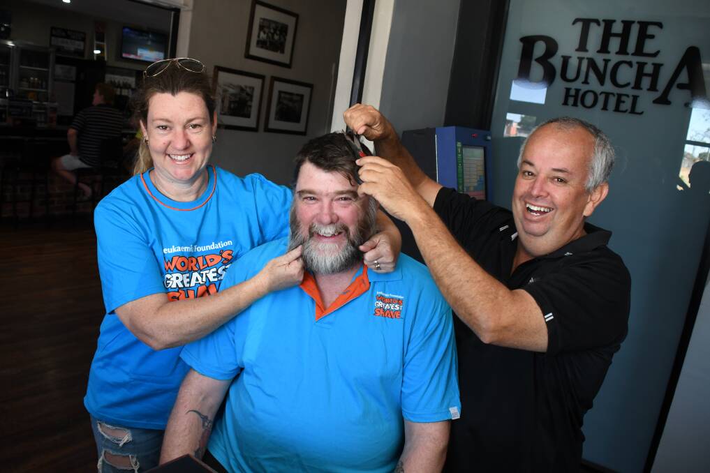 FUNDRAISER: Leanne Wasson, Paul "Wazza" Wasson and Buncha Hotel licensee Garry King are getting ready for its World's Greatest Shave event starting on Saturday afternoon. Photo: BELINDA SOOLE