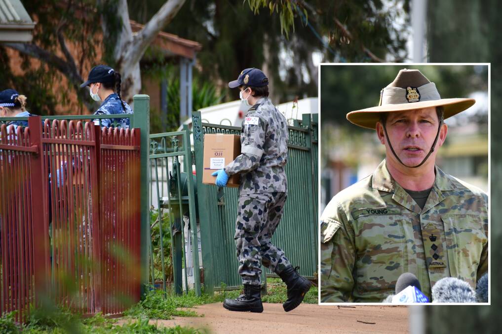 HERE TO HELP: ADF Personnel delivering care packages in Dubbo on Thursday. Inset: Colonel Warwick Young, NSW Commander Operation COVID-19 Assist. Photos: BELINDA SOOLE